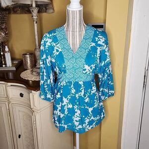 GEORGE turquiose blue floral blouse top women's size L(12-14)